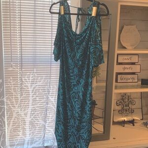 Dots Teal/Black Print Cold Shoulder Dress GUC L